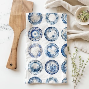 Blue Plates Tea Towel, Chinoiserie Blue and White China Kitchen Towel, Chinoiserie Decorative Dish Cloth