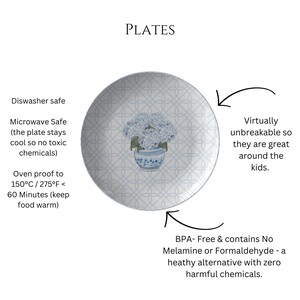 May include: A white melamine plate with a blue and white floral design. The plate is dishwasher safe, microwave safe, and oven proof to 150&deg;C/275&deg;F for up to 60 minutes. It is also BPA-free and contains no melamine or formaldehyde.