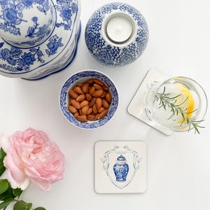 Ginger Jar Blue Crest Drink Coasters,  Set of 4 Chinoiserie Ginger Jar Coasters, Chinoiserie Cork Backed Drinks Coaster Set