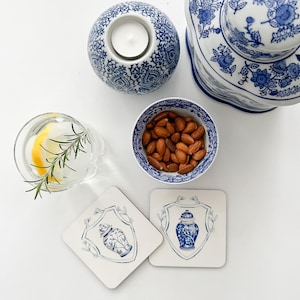 Ginger Jar White Crest Drink Coasters,  Set of 4 Chinoiserie Ginger Jar Coasters, Chinoiserie Cork Backed Drinks Coaster Set