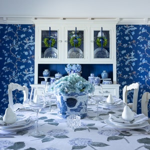 Blue hydrangea flower tablecloth with ticking stripe border for Grandmillennial entertaining