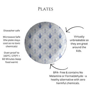 May include: A white plate with a blue and white pattern of vases and floral designs. The plate is dishwasher and microwave safe, oven-proof to 275&deg;F, and virtually unbreakable. The plate is BPA-free and contains no melamine or formaldehyde.