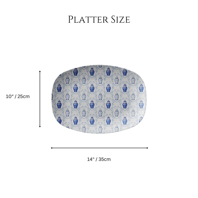 May include: Oval platter with a blue and white floral pattern. The platter is 14 inches (35cm) long and 10 inches (25cm) wide. The text "PLATTER SIZE" is at the top.