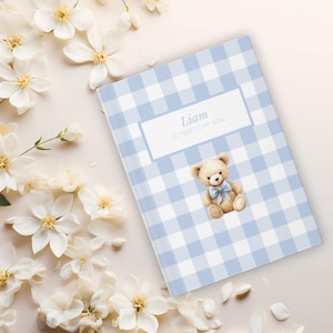 Diario personalizado con cuadros vichy, diario con cuadros azules y nombre personalizado, cuaderno personalizado con cuadros estilo búfalo para bebé, cartas para hijo