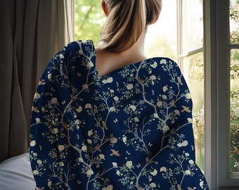 Chinoiserie Camellia Soft Throw Blanket, Camellia Garden Navy Blue Velveteen Plush Blanket, Cozy Snuggle Blanket for Her