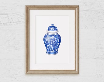 Blue Chinoiserie Ginger Jar Watercolor Art Print on Archival Paper
