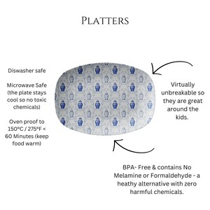 May include: An oval platter with a blue and white pattern of repeating vase motifs. The platter is dishwasher and microwave safe, oven-proof to 275&deg;F, and virtually unbreakable. The text "PLATTERS" is at the top.