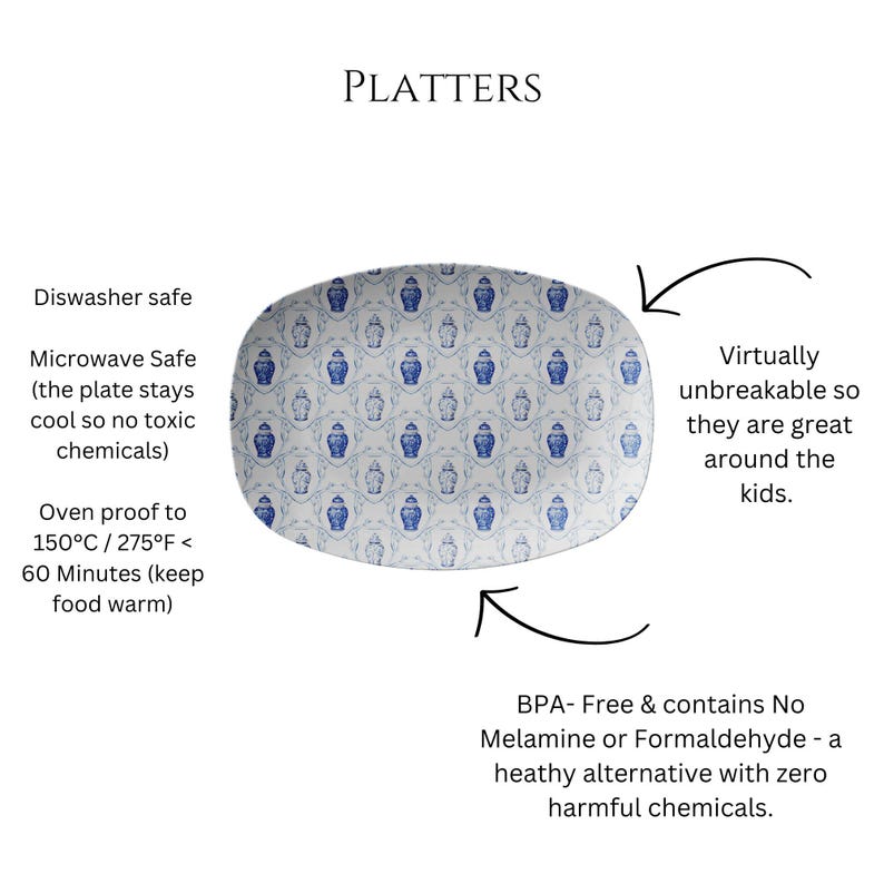 May include: An oval platter with a blue and white pattern of repeating vase motifs. The platter is dishwasher and microwave safe, oven-proof to 275&deg;F, and virtually unbreakable. The text "PLATTERS" is at the top.