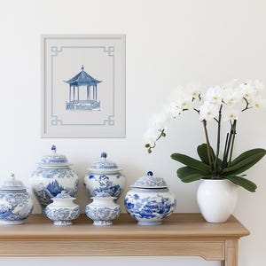 Pagoda 2 Chinoiserie Art Print, Oriental Blue and White Pagoda Poster, Grandmillennial Wall Decor