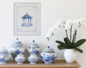 Pagoda 2 Chinoiserie Art Print, Oriental Blue and White Pagoda Poster, Grandmillennial Wall Decor