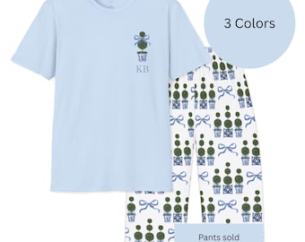 Personalized Topiary Tree Sleepwear T-Shirt, Custom Initials Softstyle Sleep Tee,  Grandmillennial Chinoiserie Aesthetic