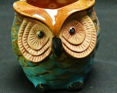 Owl Succulent Pot quot Teal, Light Brown and Cream quot Handmade Made in the USA