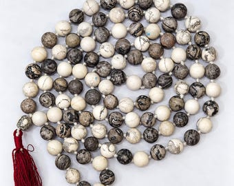 Howlite Picasso Mala | 8mm 108+1 Beads | Japa Meditation Necklace | Calming Stone Prayer Strand | Yoga Spiritual Jewelry