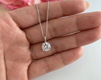 Colgante solitario de moissanita de 2 quilates / Collar redondo brillante en plata 925, oro blanco de 9K/14K / Joyería minimalista para bodas y uso diario
