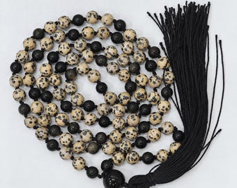 Black Obsidian Dalmatian Jasper Mala | 108+1 Beads 8mm | Meditation Prayer Necklace | Japa Beads | Grounding Gemstone Jewelry | Yoga Gift