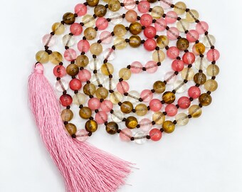 Natural Strawberry Quartz Mala | 8mm 108+1 Beads | Japa Meditation Necklace | Love Crystal Prayer Strand | Heart Chakra Yoga Jewelry