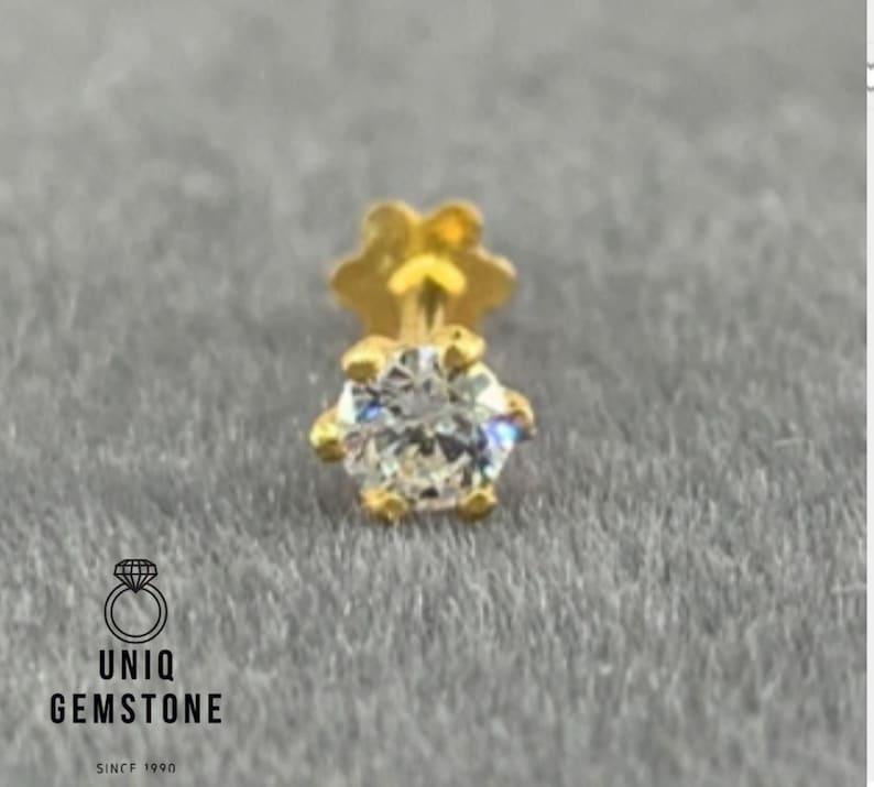0.05ct To 0.25 ct Real Diamond floral 14k Yellow Gold Nose Lip Labret Screw Stud Piercing Ring Pin
