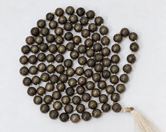 Natural Pyrite Mala | 8mm 108+1 Beads | Japa Meditation Necklace | Golden Gemstone Prayer Strand | Yoga Spiritual Jewelry