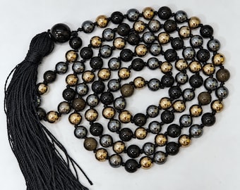 Hematite Pyrite Black Tourmaline Combination Mala | 8mm 108+1 Beads | Protection Japa Necklace | Grounding Meditation Prayer Jewelry