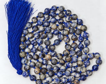 Natural Sodalite Mala | 108+1 Beads | 8mm Japa Prayer Necklace | Blue Gemstone Meditation Strand | Yoga Spiritual Jewelry