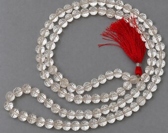 Clear Quartz Sphatik Mala | 8mm Diamond Cut Beads | Natural Crystal Necklace | Approx 35 Inch Meditation Prayer Strand