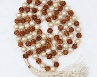 Natural Rudraksha Pearl Mala | 8mm 108+1 Beads | Japa Meditation Necklace | Hindu Prayer Strand | Yoga Spiritual Gift