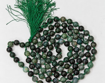 Natural Moss Agate Mala | 8mm 108+1 Beads | Japa Meditation Necklace | Green Gemstone Prayer Strand | Yoga Spiritual Jewelry