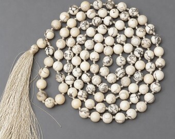 Howlite Mala | 8mm 108+1 Beads | Japa Meditation Necklace | White Gemstone Prayer Strand | Yoga Spiritual Jewelry