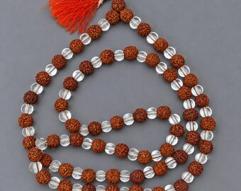 Rudraksha Clear Quartz Mala | 8mm 108+1 Beads | Japa Meditation Necklace | Shiva Prayer Strand | Yoga Spiritual Jewelry