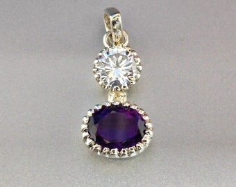 Handmade Silver Amethyst Pendant: Oval Gemstone & Round Moissanite