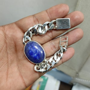 40 Carat Natural Lapis Lazuli Bracelet in Silver With Certificate | 10mm Silver Thick Chain Bracelet | Gift For Him | Bracelet for Men