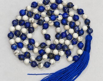 Natural Howlite Lapis Lazuli Mala | 8mm 108+1 Beads | Japa Meditation Necklace | Calming Blue Gemstone Prayer Strand | Yoga Jewelry