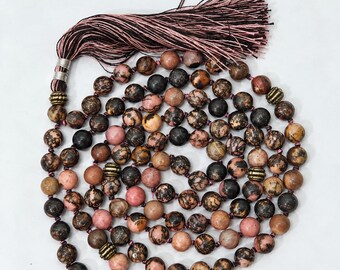 Rhodonite Mala | 8mm 108+1 Beads | Japa Meditation Necklace | Heart Chakra Prayer Strand | Yoga Spiritual Jewelry
