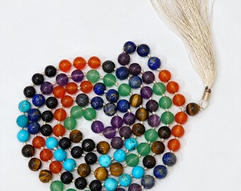 Natural Seven Chakra Mala | 7 Chakra 108+1 Beads | 8mm Japa Meditation Jewelry | Crystal For Energy Control