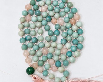 Natural Amazonite Rose Quartz Mala | 8mm 108+1 Beads | Japa Meditation Necklace | Love & Calm Gemstone Prayer Strand | Yoga Jewelry