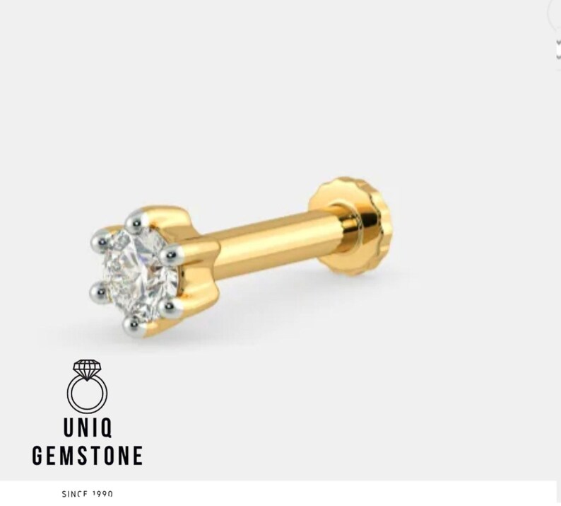 0.05ct To 0.25 ct Real Diamond floral 14k Yellow Gold Nose Lip Labret Screw Stud Piercing Ring Pin