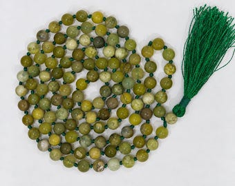 Serpentine Mala | 8mm 108+1 Beads | Japa Meditation Necklace | Green Gemstone Prayer Strand | Yoga Spiritual Jewelry