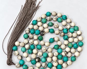 Turquoise Howlite Mala | 8mm 108 Beads | Japa Meditation Necklace | Calming Prayer Strand | Yoga Spiritual Jewelry
