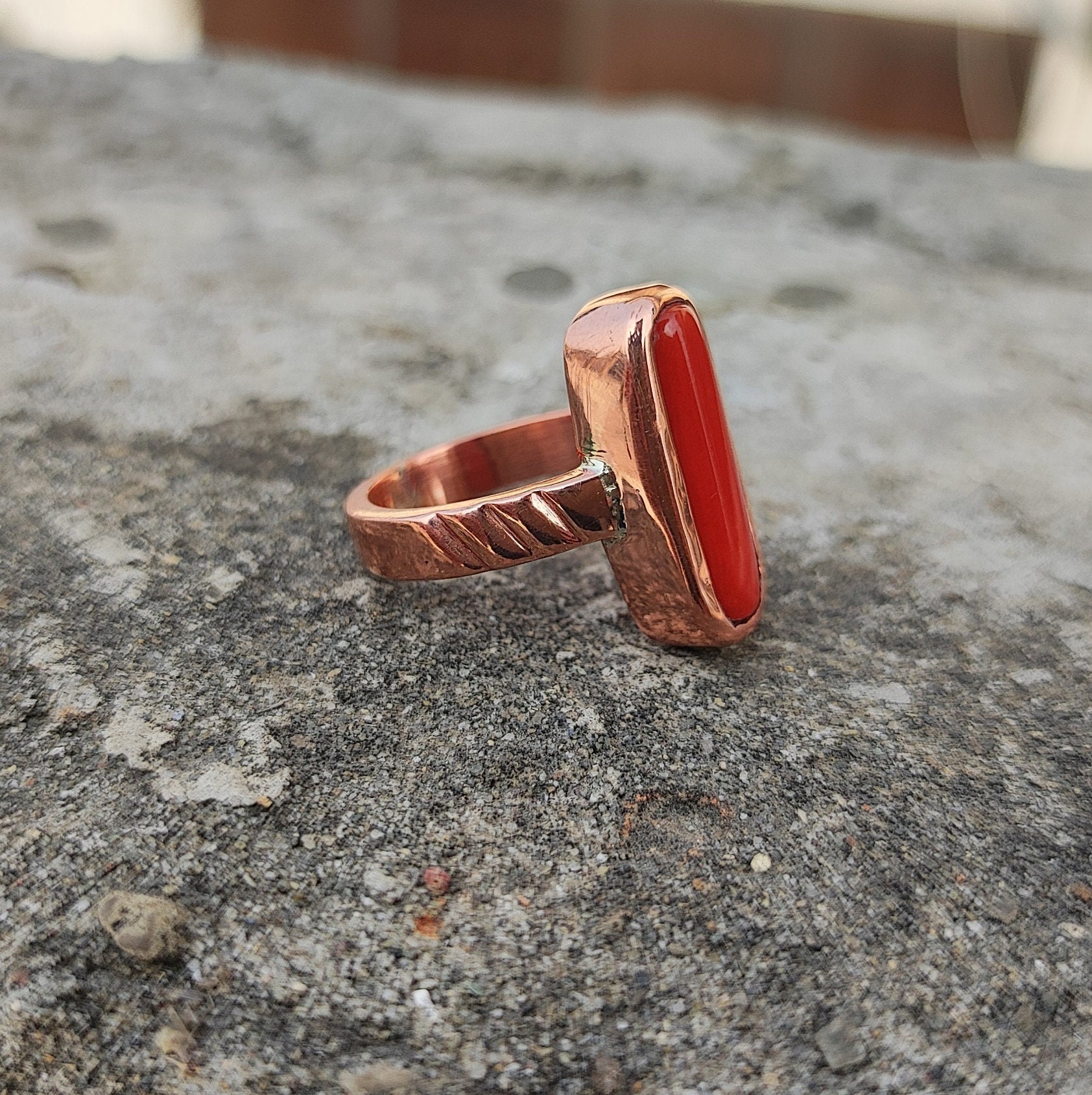 Rose Gold Egyptian Ankh Cross Orange Copper Turquoise Ring