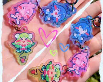 welcome to demon school iruma-kun love trio holographic rainbow connection keychain
