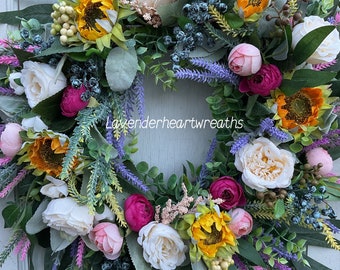 Summer door wreath/ sunflowers/ door wreath/peony/ farmhouse/ home decor/ lavender