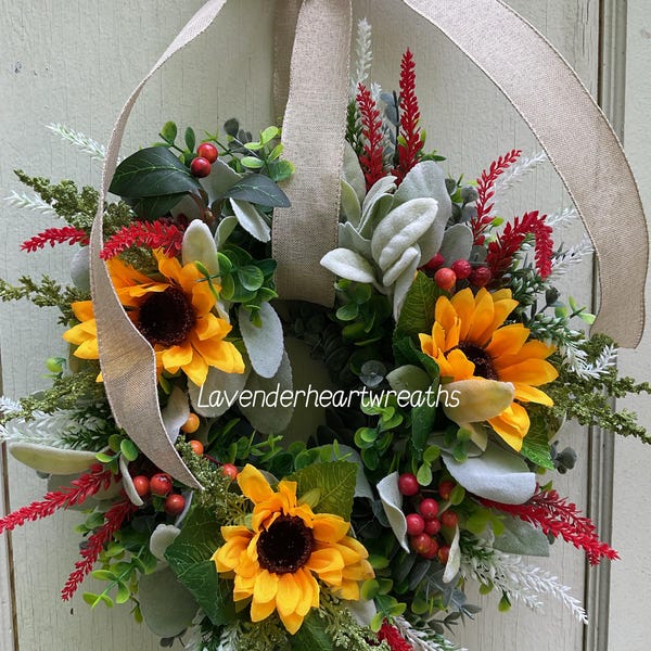 Mini Sunflower Wreath: Farmhouse Fall Decor, Burlap Ribbon