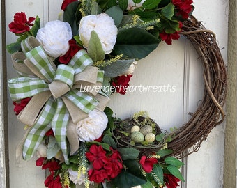 New Red geranium wreath/ summer wreath/ door wreath/ farmhouse/ peony/ home decor