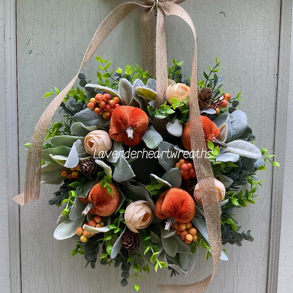 Mini fall pumpkin wreath/ pumpkin/ cabinet wreath/ orange pumpkin/ door wreath/ farmhouse