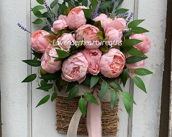 Pink Peony Door Basket: Farmhouse Style with Burlap Bow