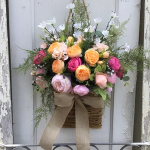 Door basket/ wreath/ Pink ranunculus/ summer door basket/ farmhouse