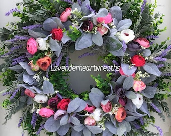 summer wreath/farmhouse/ home decor/ eucalyptus/ lavender/ spring/ wreath