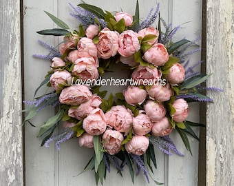 Nueva corona de puerta de peonía rosa / corona de puerta / peonía / lavanda / eucalipto / granja