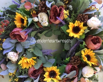 Front door wreath/ sunflowers/ fall wreath/ wreath/ lavender/ lambs ear/ home decor/ farmhouse