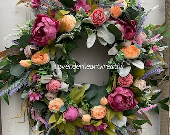 New summer door wreath/ peony wreath/ door wreath/ spring wreath/farmhouse/ home decor